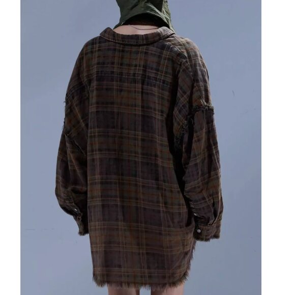 NWT R13 Shredded Seam Drop Neck Shirt Teal Navy Yellow Plaid Brown - Picture 5 of 13